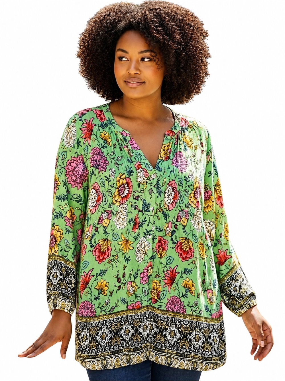 FIGUEROA & Flower Floral bohemian pleated blouse size XL. Green with pink white